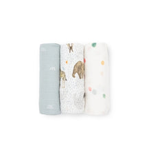 Load image into Gallery viewer, Little Unicorn Cotton Muslin Swaddle Set of 3 Party Animals