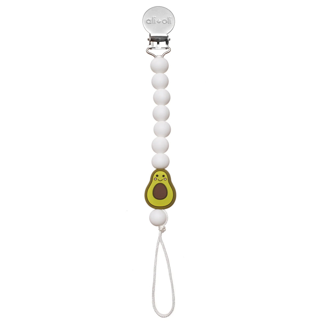 Ali+Oli Pacifier Holder Clip White with Avocados, Cactus, Pineapple, Strawberry and Bunny