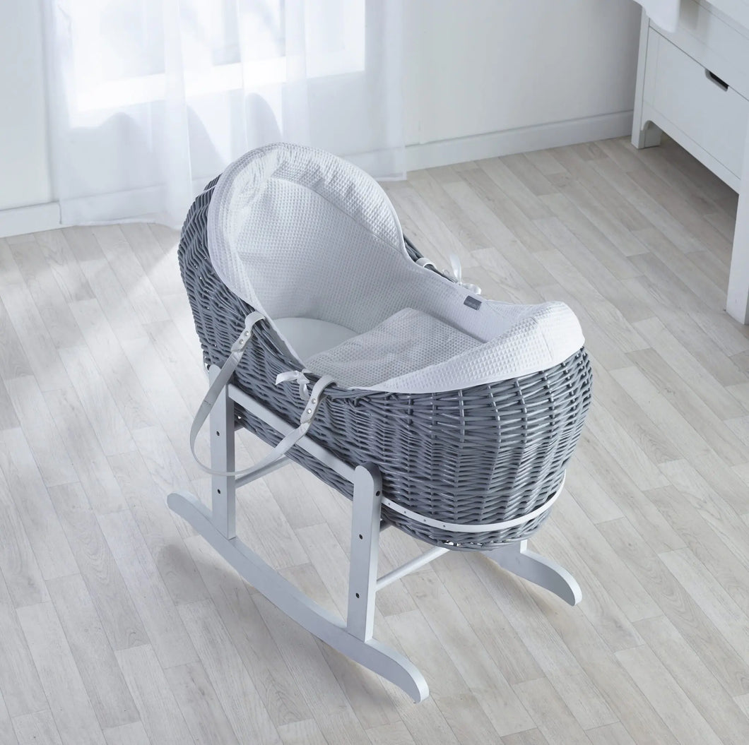 KV White Waffle Grey Pod Moses Basket With White Rocking Stand