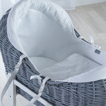Load image into Gallery viewer, KV White Waffle Grey Pod Moses Basket With White Rocking Stand
