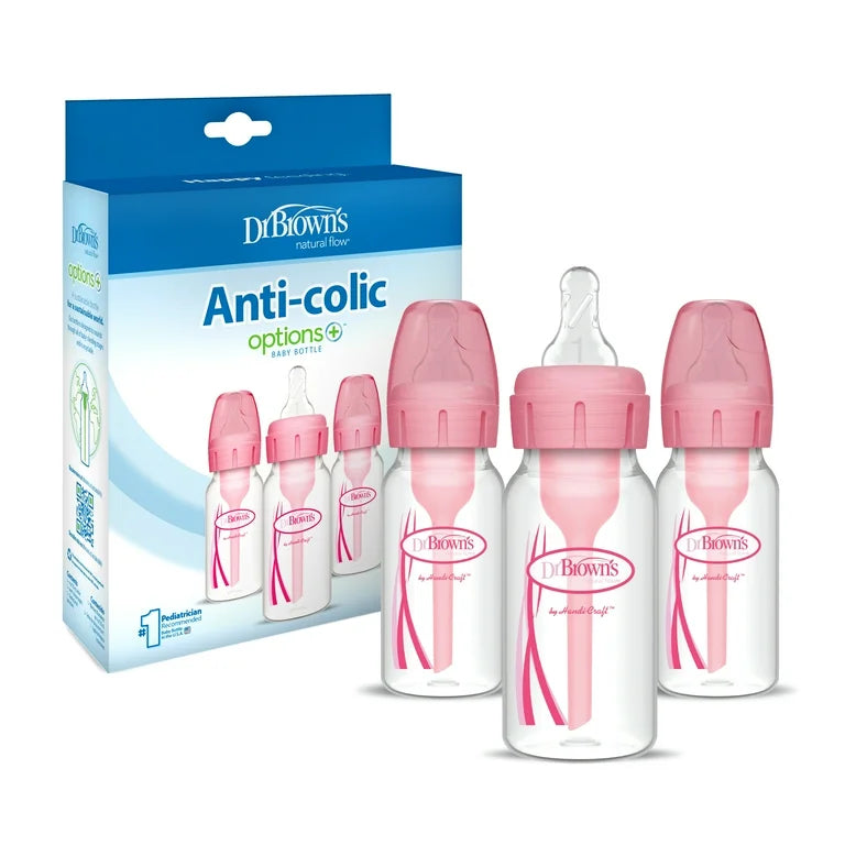 Dr. Brown’s Natural Flow Anti-Colic Options+ Narrow Baby Bottle, Pink, 120ml, Slow Flow, 0m+, 3 Pcs